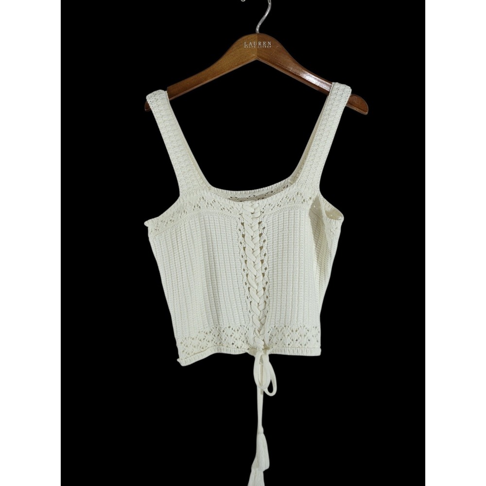 Shyanne Crop Top Womens Medium White Knit Lace Up Tank Festival Country